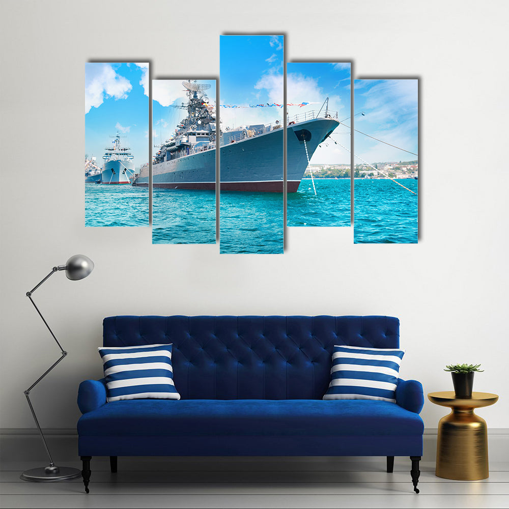 Navy Ship On A Waterbody Going To Face The Enemeny’s Navy, Multi Panel Canvas Wall Art