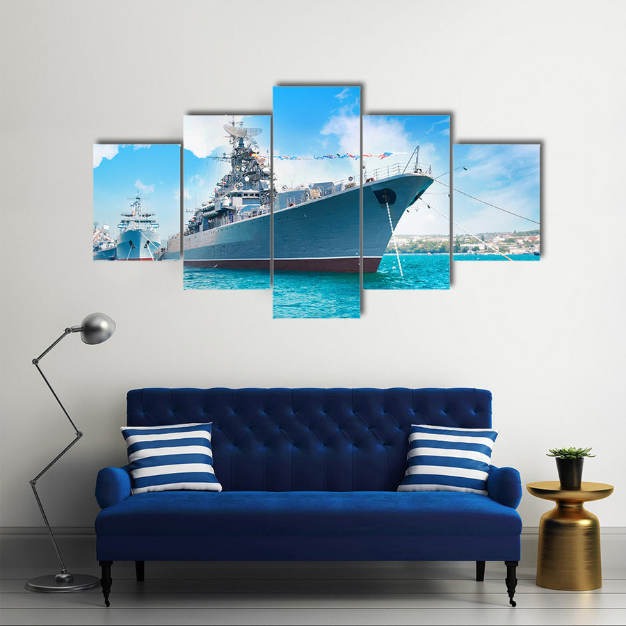 Navy Ship On A Waterbody Going To Face The Enemeny’s Navy, Multi Panel Canvas Wall Art