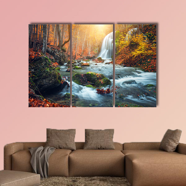 Beautiful waterfall at Mountain River in colorful autumn forest multi panel canvas wall art