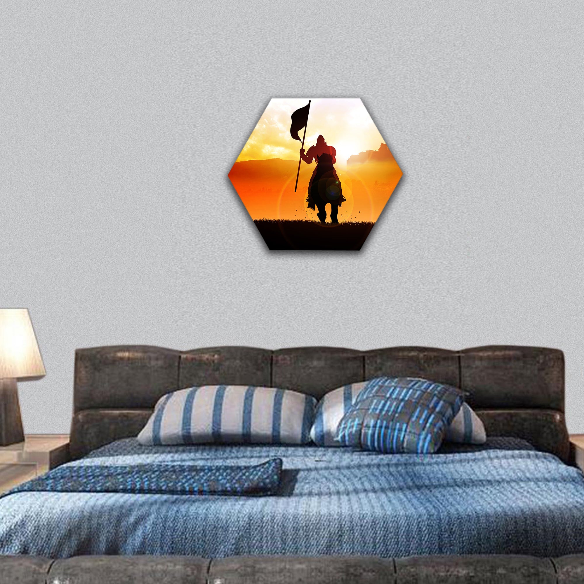 Silhouette of a medieval knight on horse carrying a flag hexagonal canvas wall art