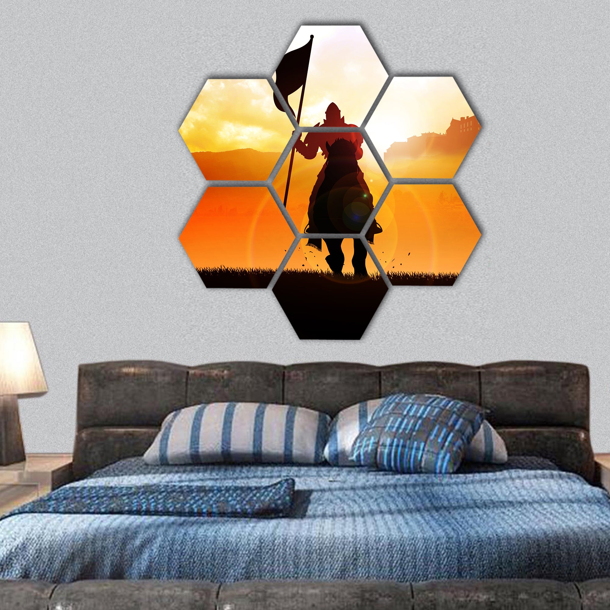 Silhouette of a medieval knight on horse carrying a flag hexagonal canvas wall art