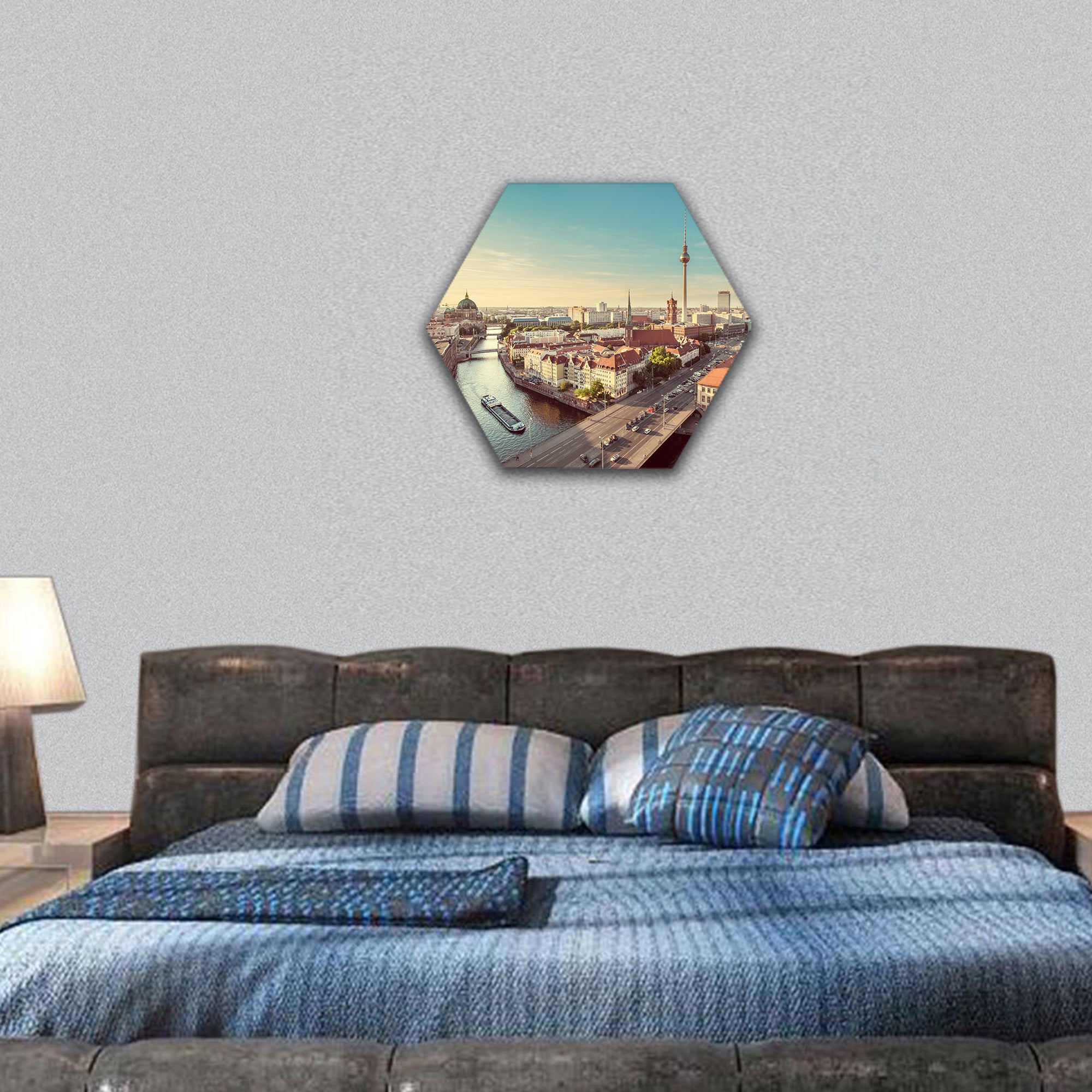Berlin skyline with TV tower and Spree river at sunset hexagonal canvas wall art