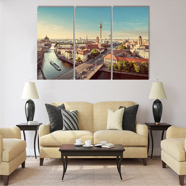 Aerial view of Berlin skyline with famous TV tower and Spree river Multi panel canvas wall art