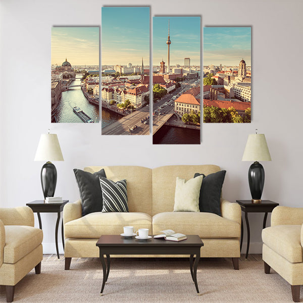 Aerial view of Berlin skyline with famous TV tower and Spree river Multi panel canvas wall art