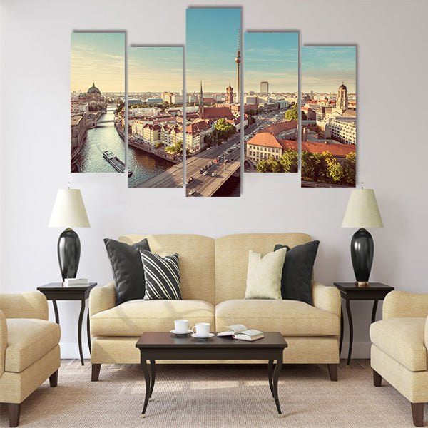 Aerial view of Berlin skyline with famous TV tower and Spree river Multi panel canvas wall art