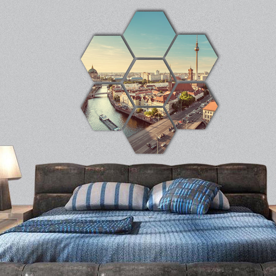 Berlin skyline with TV tower and Spree river at sunset hexagonal canvas wall art