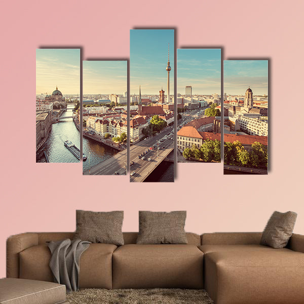 Aerial view of Berlin skyline with famous TV tower and Spree wall art