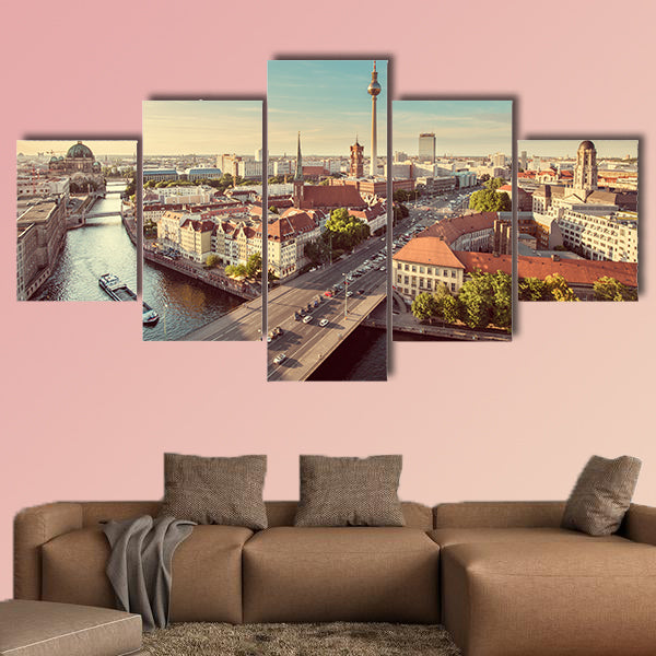 Aerial view of Berlin skyline with famous TV tower and Spree wall art