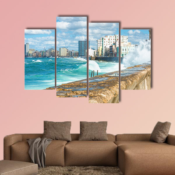 The Havana skyline with big sea waves multi panel canvas wall art