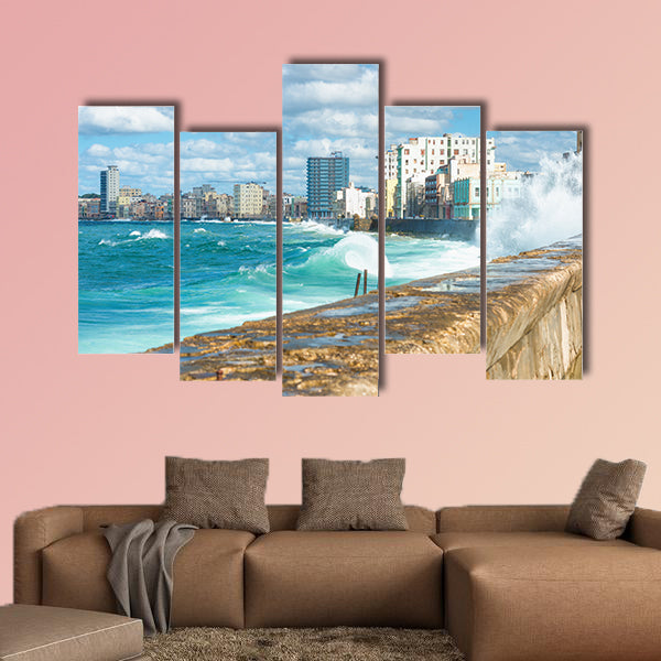 The Havana skyline with big sea waves multi panel canvas wall art