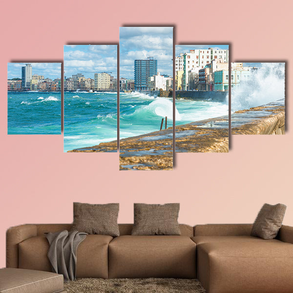 The Havana skyline with big sea waves multi panel canvas wall art