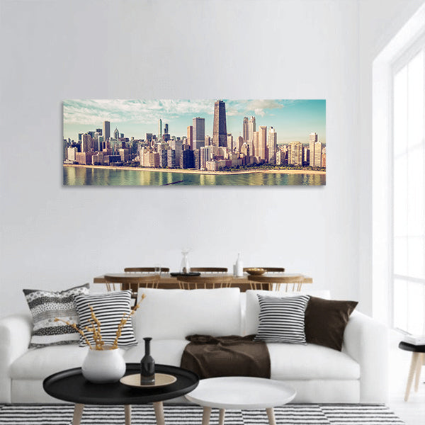 Chicago Skyline aerial view skyscrapers bythe beach Panoramic Canvas Wall Art