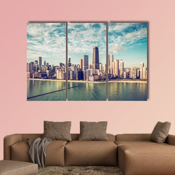 Chicago Skyline aerial view skyscrapers by the beach, vintage colors multi panel canvas wall art