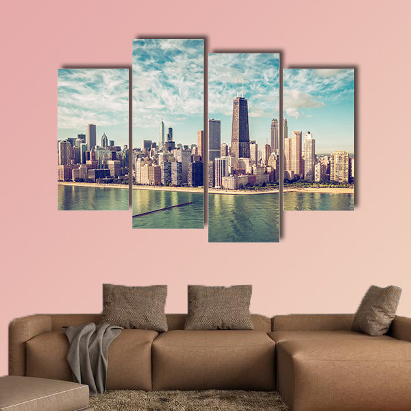 Chicago Skyline aerial view skyscrapers by the beach, vintage colors multi panel canvas wall art