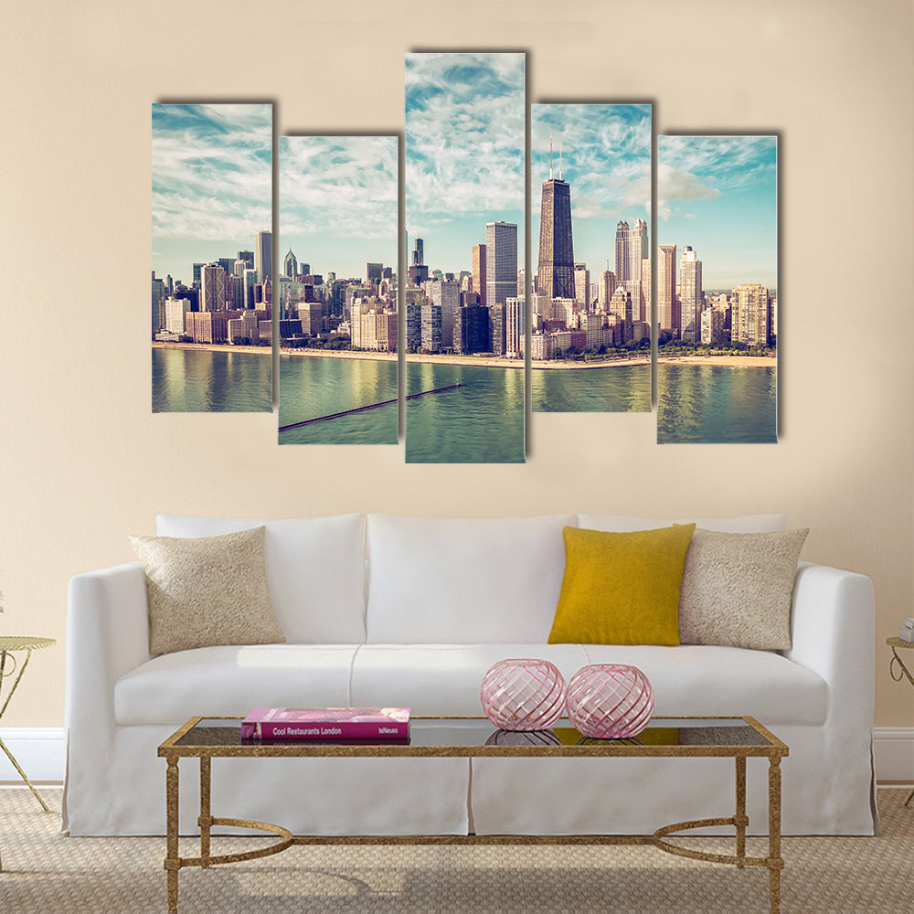 The Chicago Skyline Aerial View Skyscrapers Byte Beach Multi Panel Canvas Wall Art