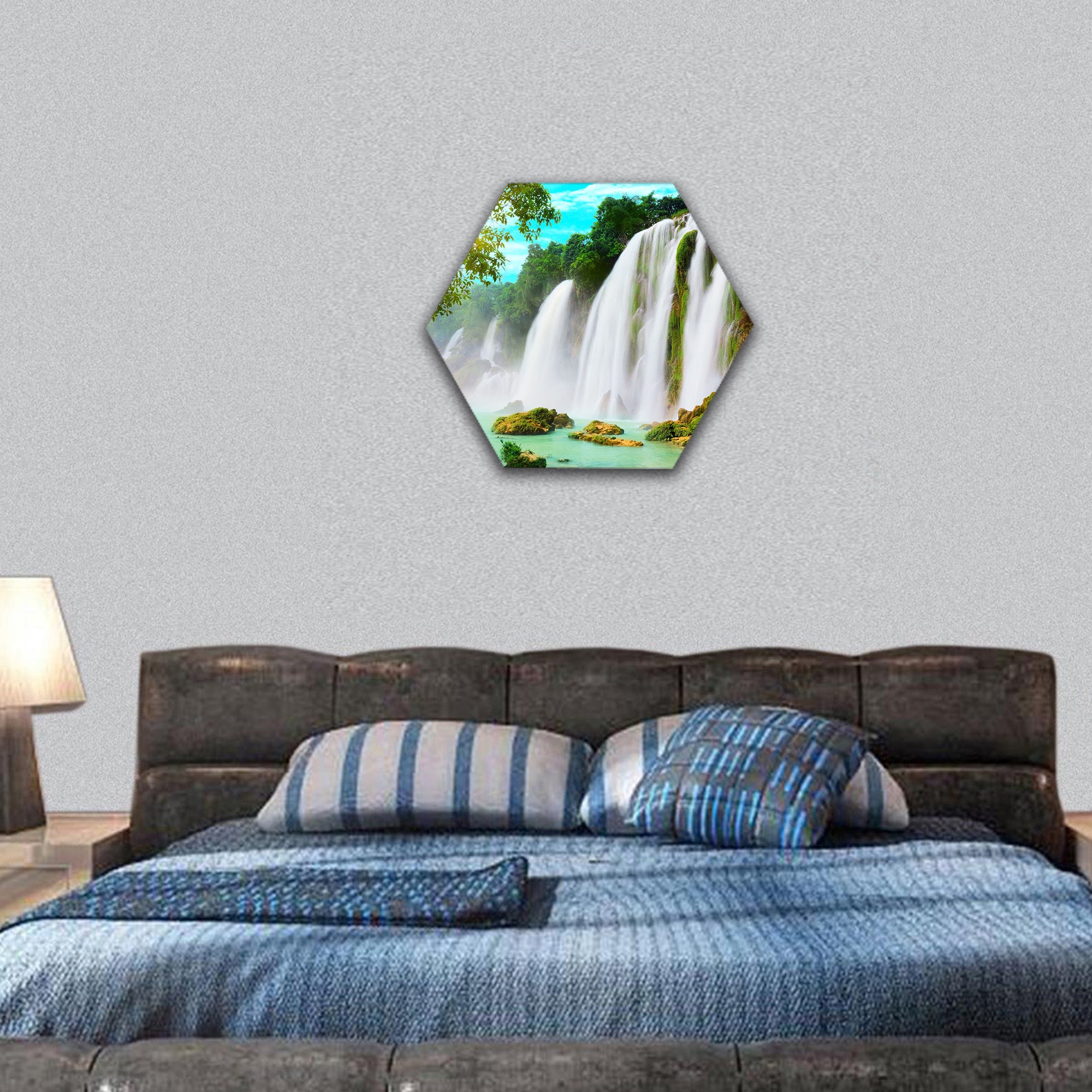 Ban Gioc waterfall along Vietnamese  hexagonal canvas wall art