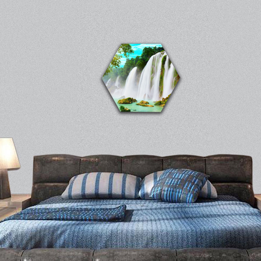 Ban Gioc waterfall along Vietnamese  hexagonal canvas wall art