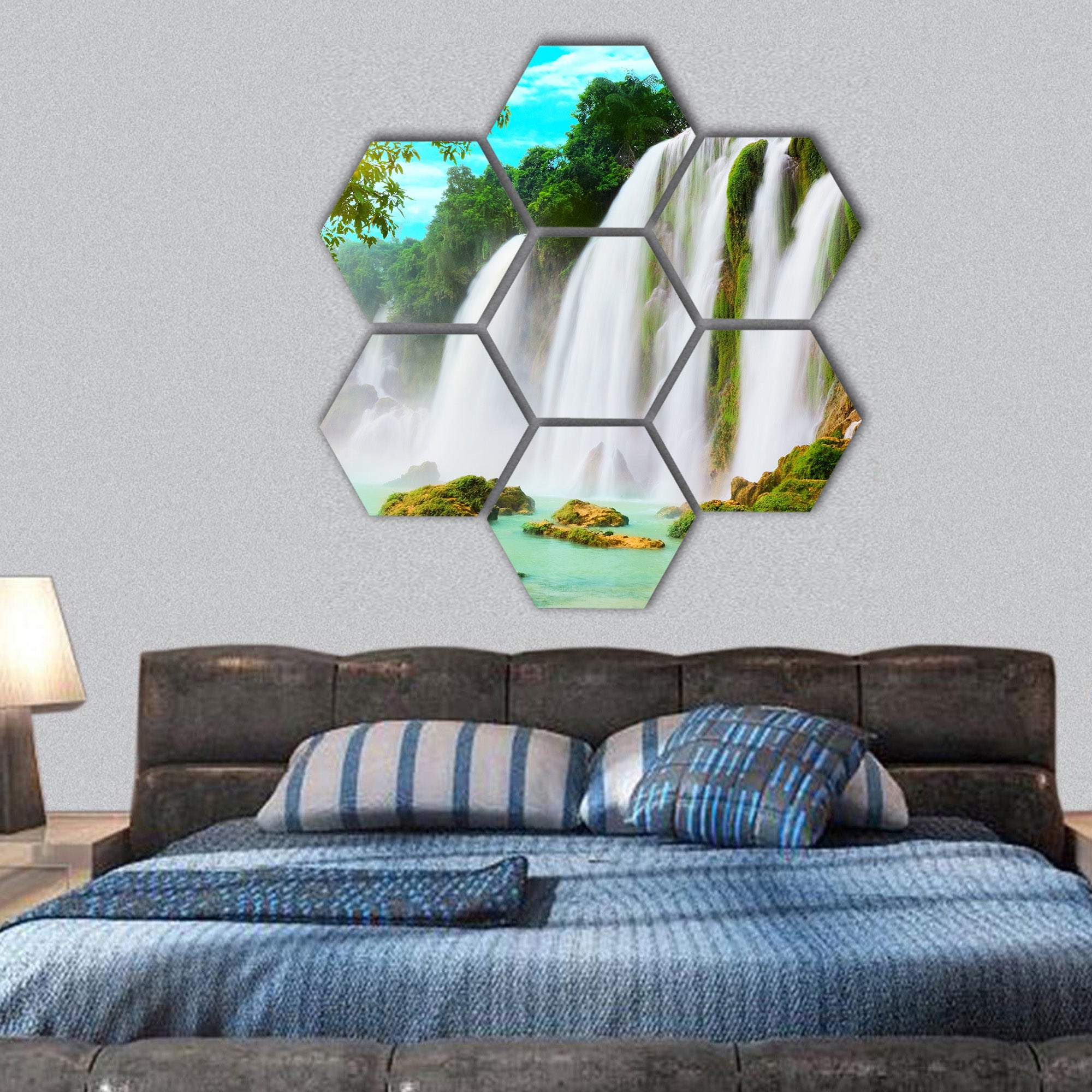 Ban Gioc waterfall along Vietnamese  hexagonal canvas wall art