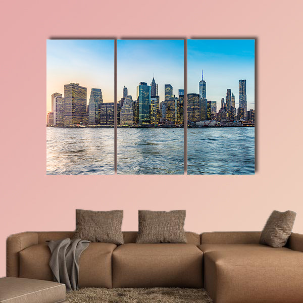 Manhattan downtown urban view with Brooklyn Bridge multi panel canvas wall art