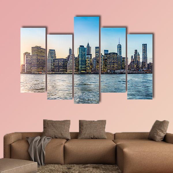 Manhattan downtown urban view with Brooklyn Bridge multi panel canvas wall art