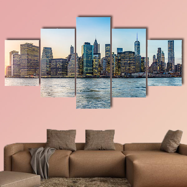 Manhattan downtown urban view with Brooklyn Bridge multi panel canvas wall art