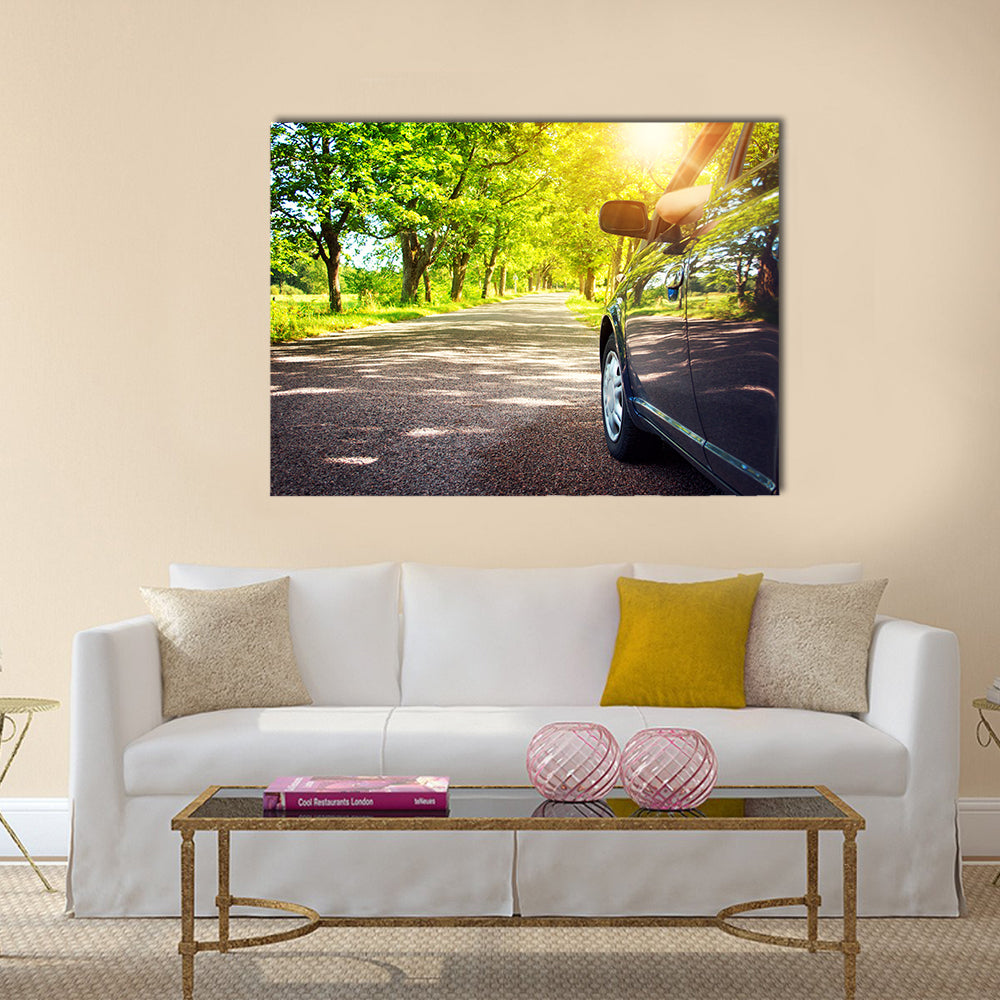 Black Car on asphalt road on summer day at park Multi panel canvas wall art