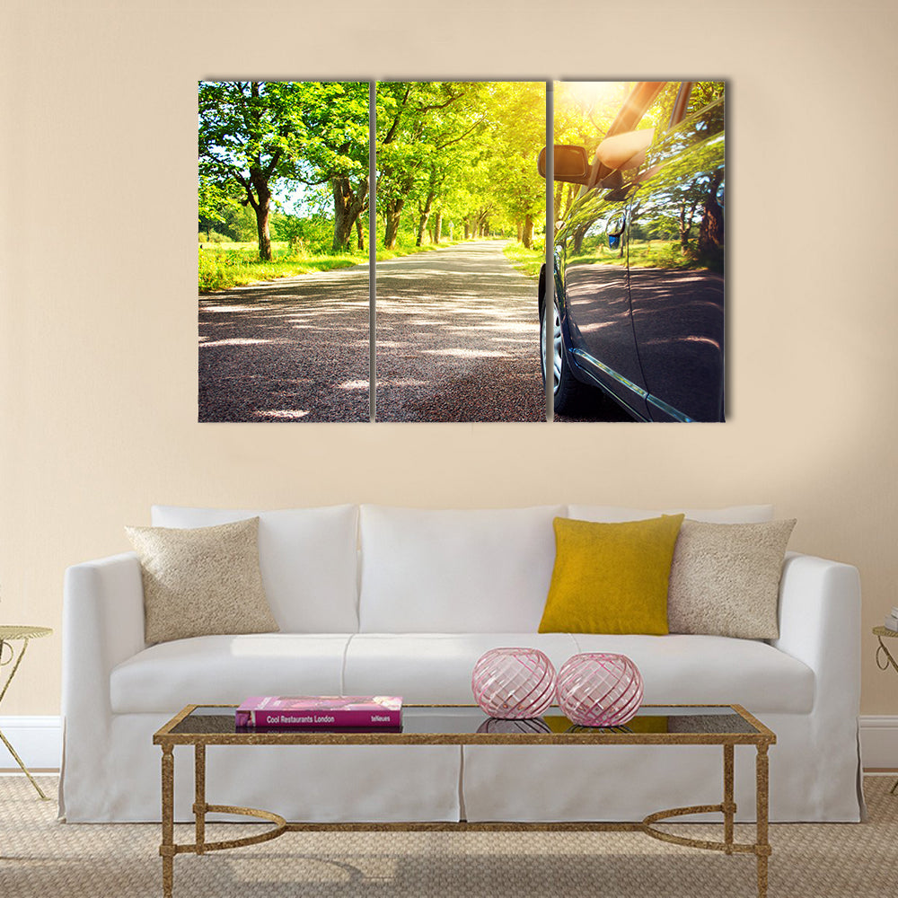 Black Car on asphalt road on summer day at park Multi panel canvas wall art