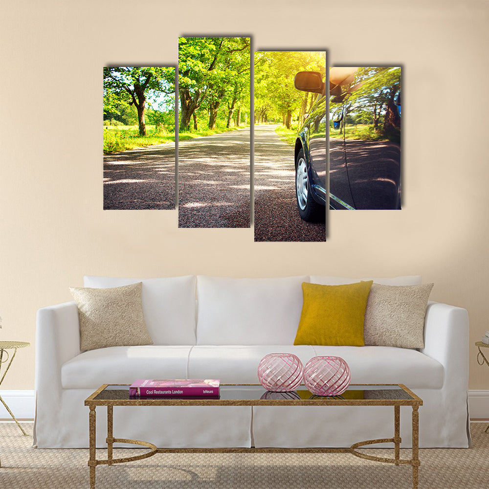 Black Car on asphalt road on summer day at park Multi panel canvas wall art