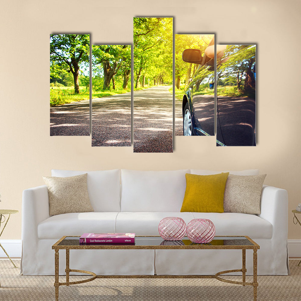 Black Car on asphalt road on summer day at park Multi panel canvas wall art