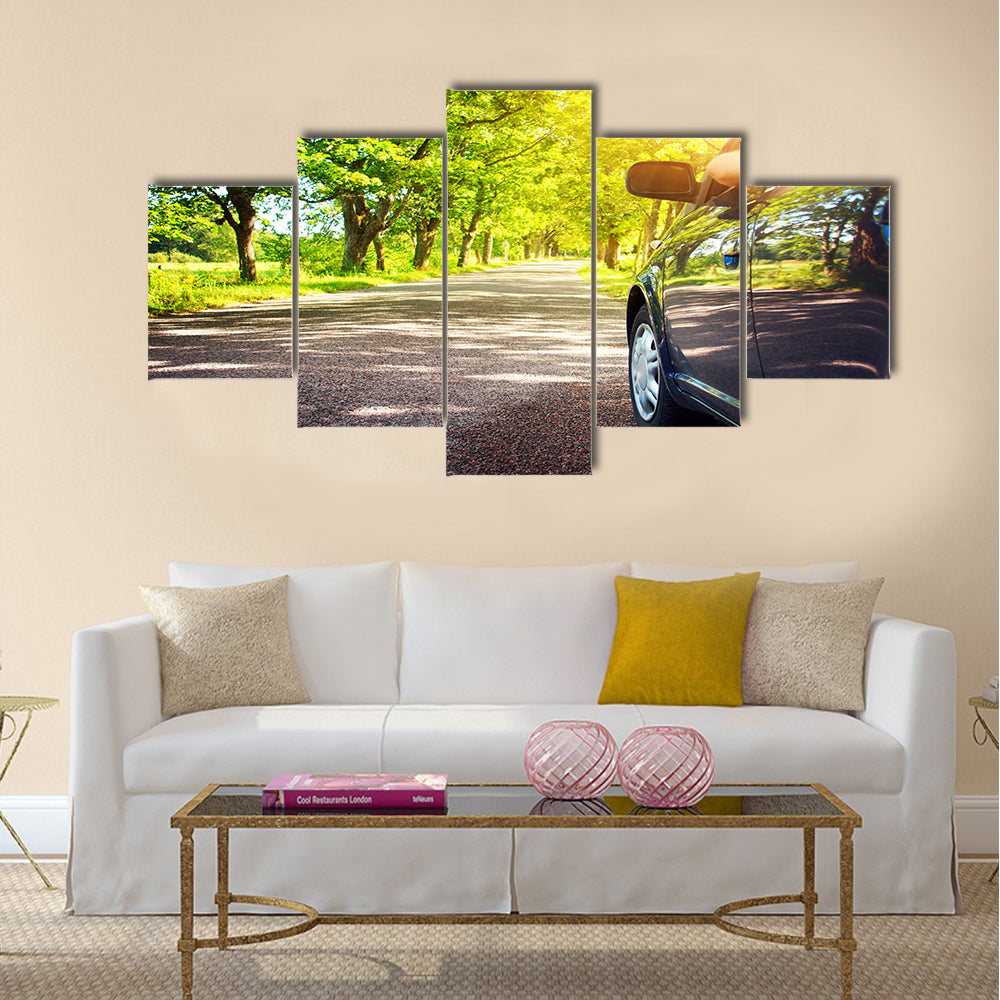 Black Car on asphalt road on summer day at park Multi panel canvas wall art