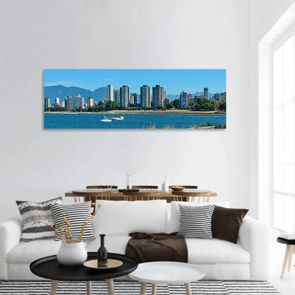 Vancouver city skyline at waterfront with bench in park panoramic canvas wall art