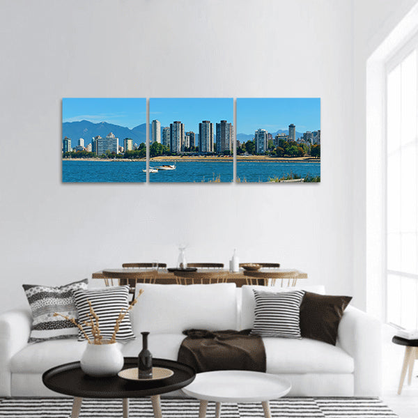 Vancouver city skyline at waterfront with bench in park panoramic canvas wall art