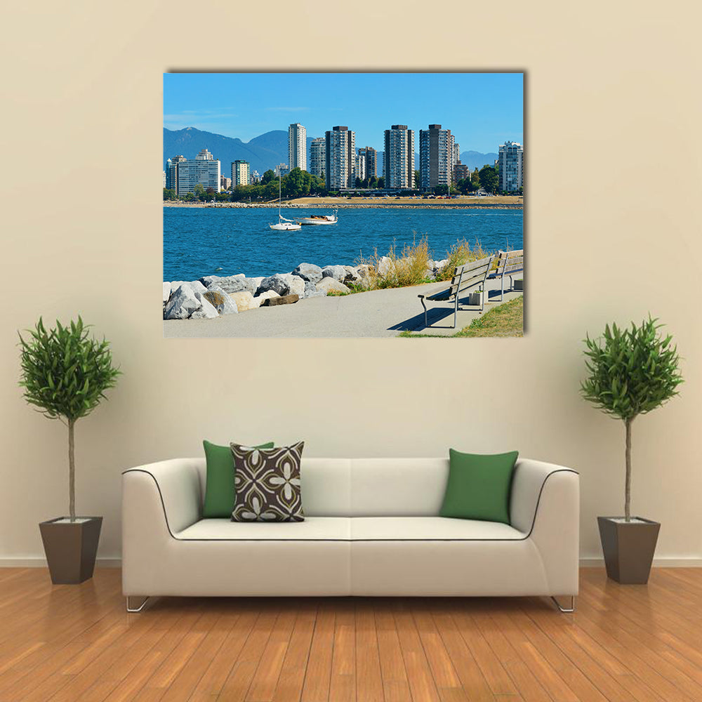 Vancouver city skyline at waterfront with bench in park Multi panel canvas wall art