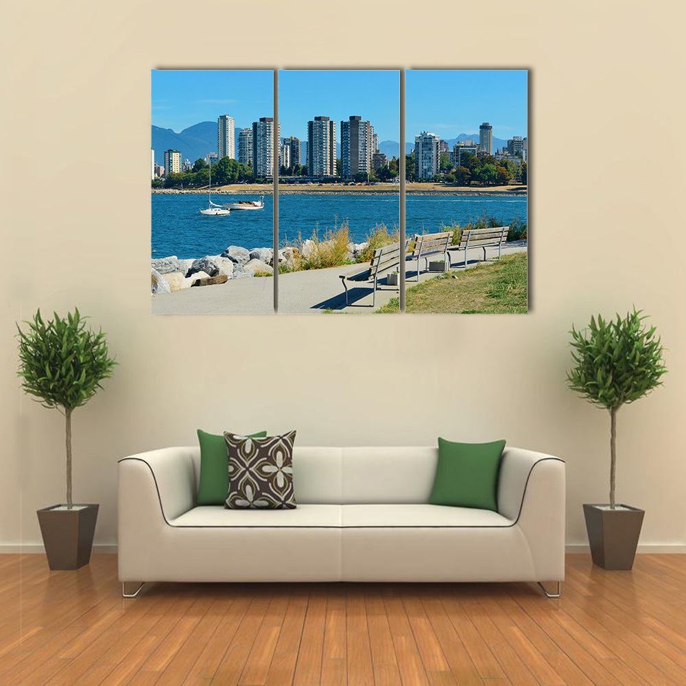 Vancouver city skyline at waterfront with bench in park Multi panel canvas wall art