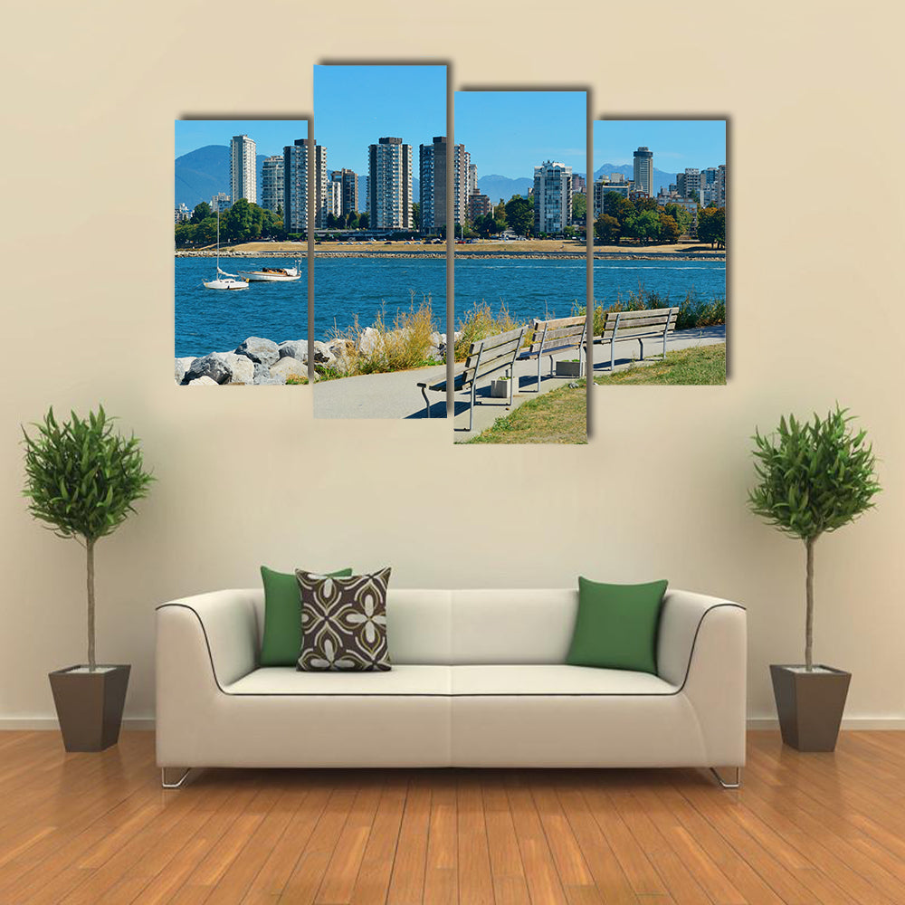Vancouver city skyline at waterfront with bench in park Multi panel canvas wall art
