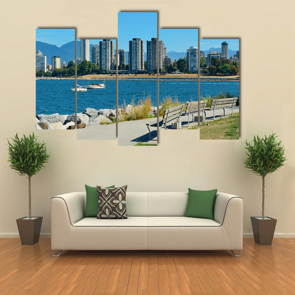 Vancouver city skyline at waterfront with bench in park Multi panel canvas wall art