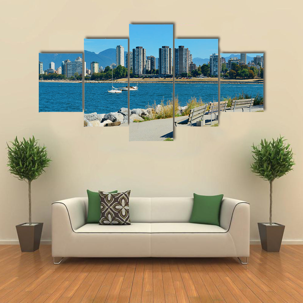 Vancouver city skyline at waterfront with bench in park Multi panel canvas wall art