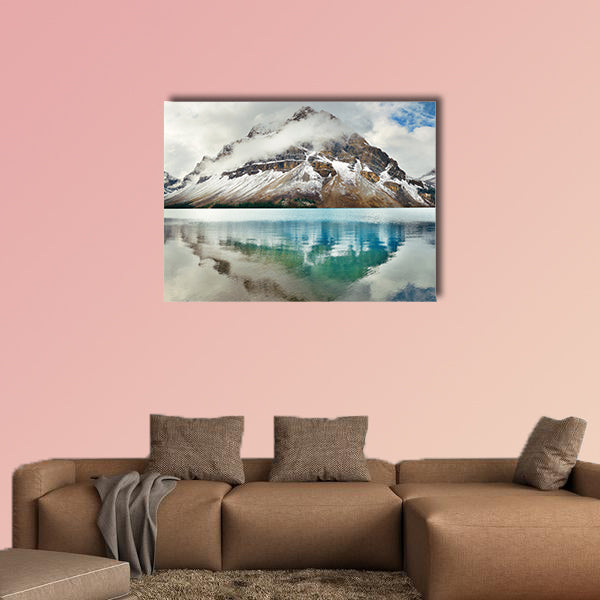 Bow Lake panorama reflection with snow capped mountain wall art