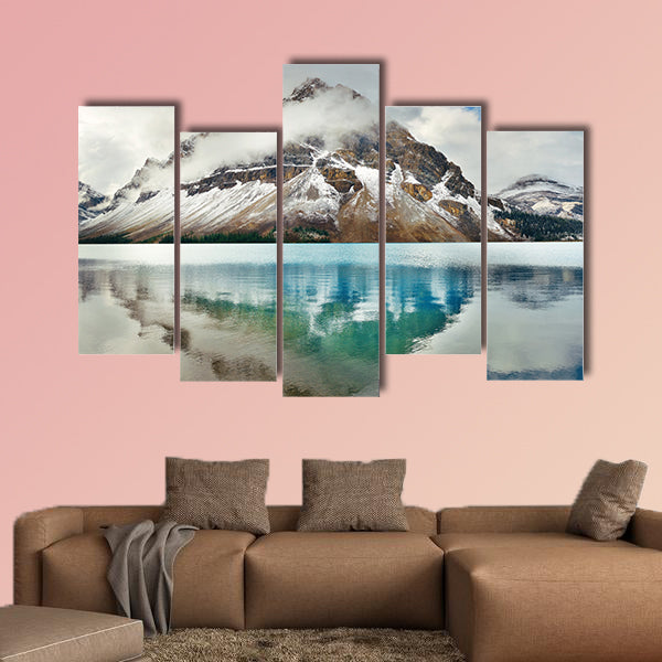 Bow Lake panorama reflection with snow capped mountain wall art
