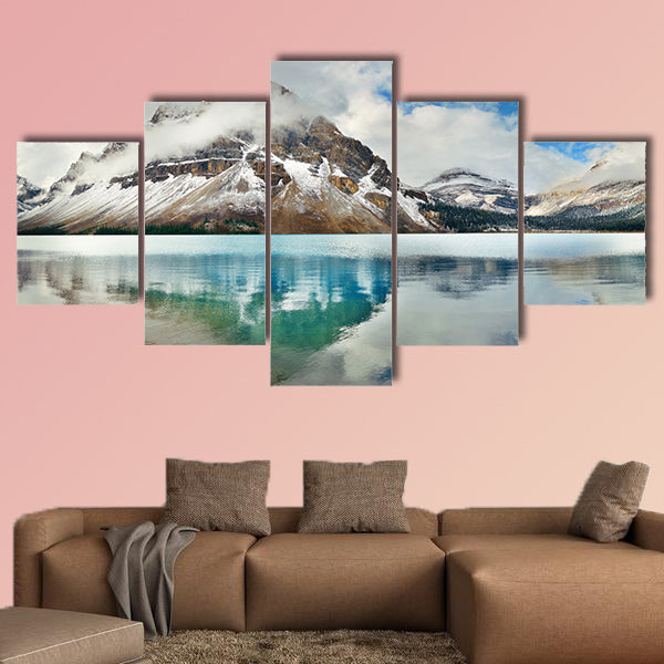 Bow Lake panorama reflection with snow capped mountain wall art