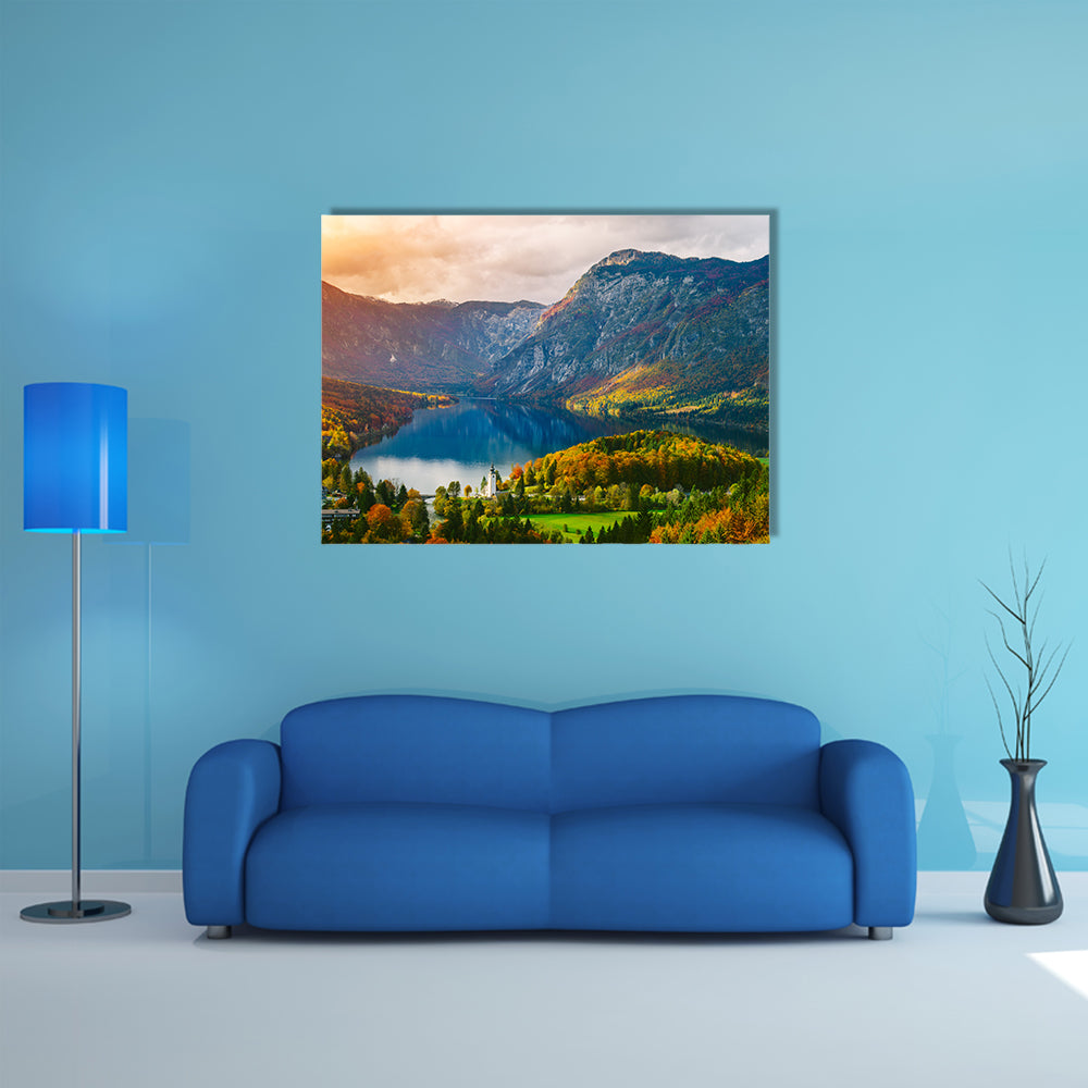 Breathtaking view of the famous Bohinj Lake from above multi panel canvas wall art