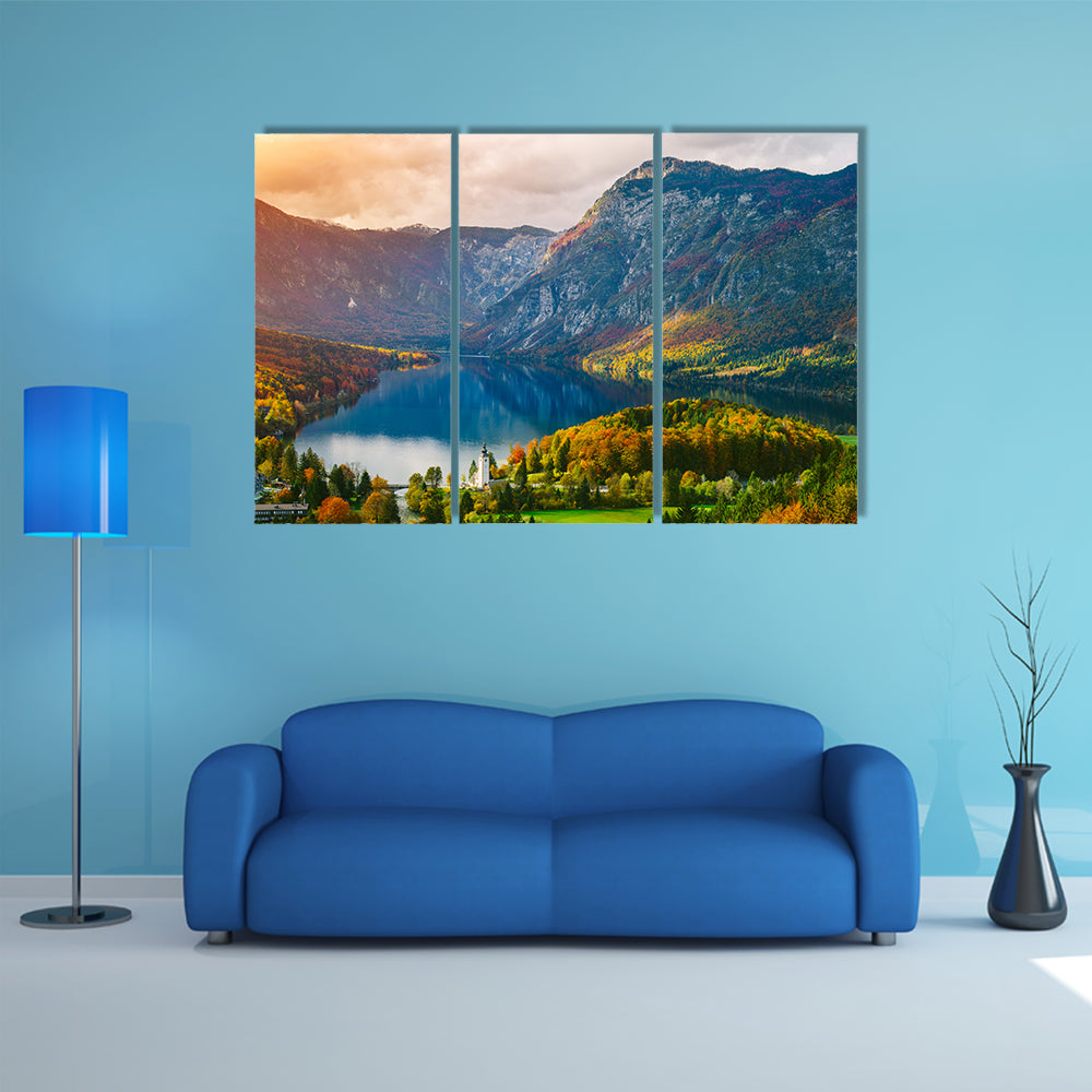 Breathtaking view of the famous Bohinj Lake from above multi panel canvas wall art