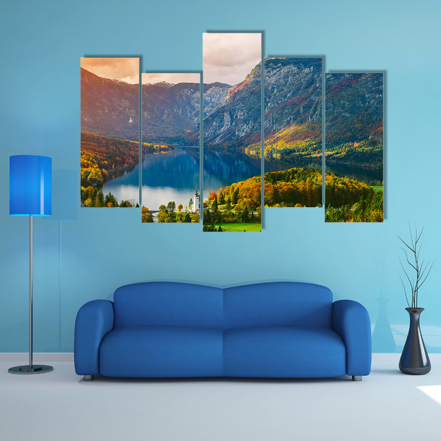 Breathtaking view of the famous Bohinj Lake from above multi panel canvas wall art