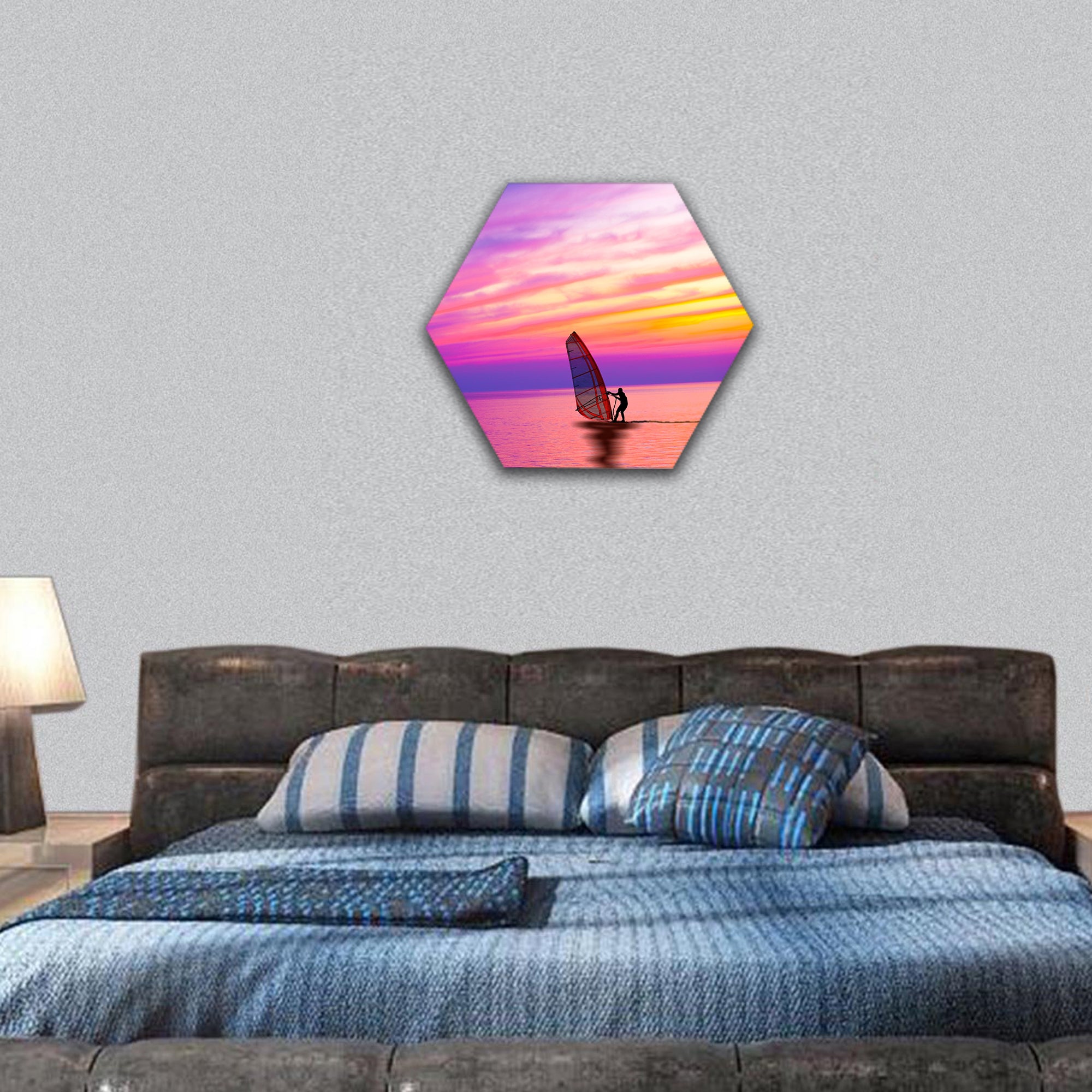 windsurfing on the sunset with beautiful color sky hexagonal canvas wall art