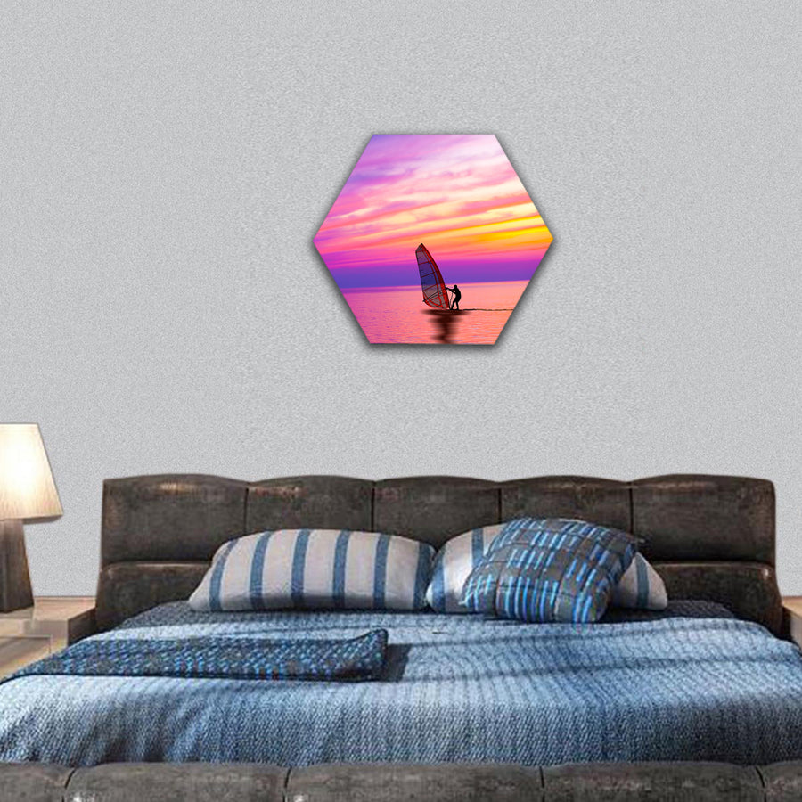 windsurfing on the sunset with beautiful color sky hexagonal canvas wall art