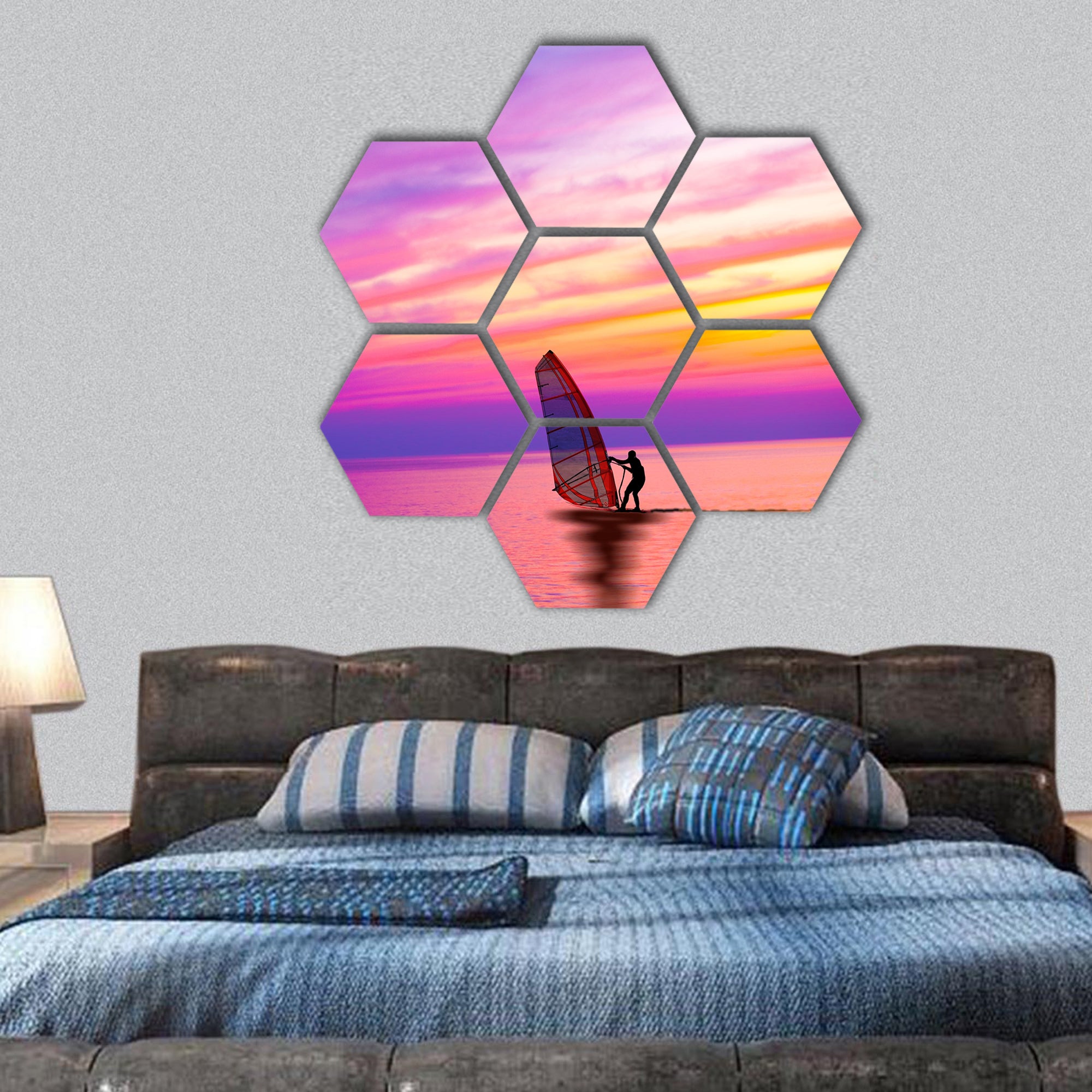 windsurfing on the sunset with beautiful color sky hexagonal canvas wall art