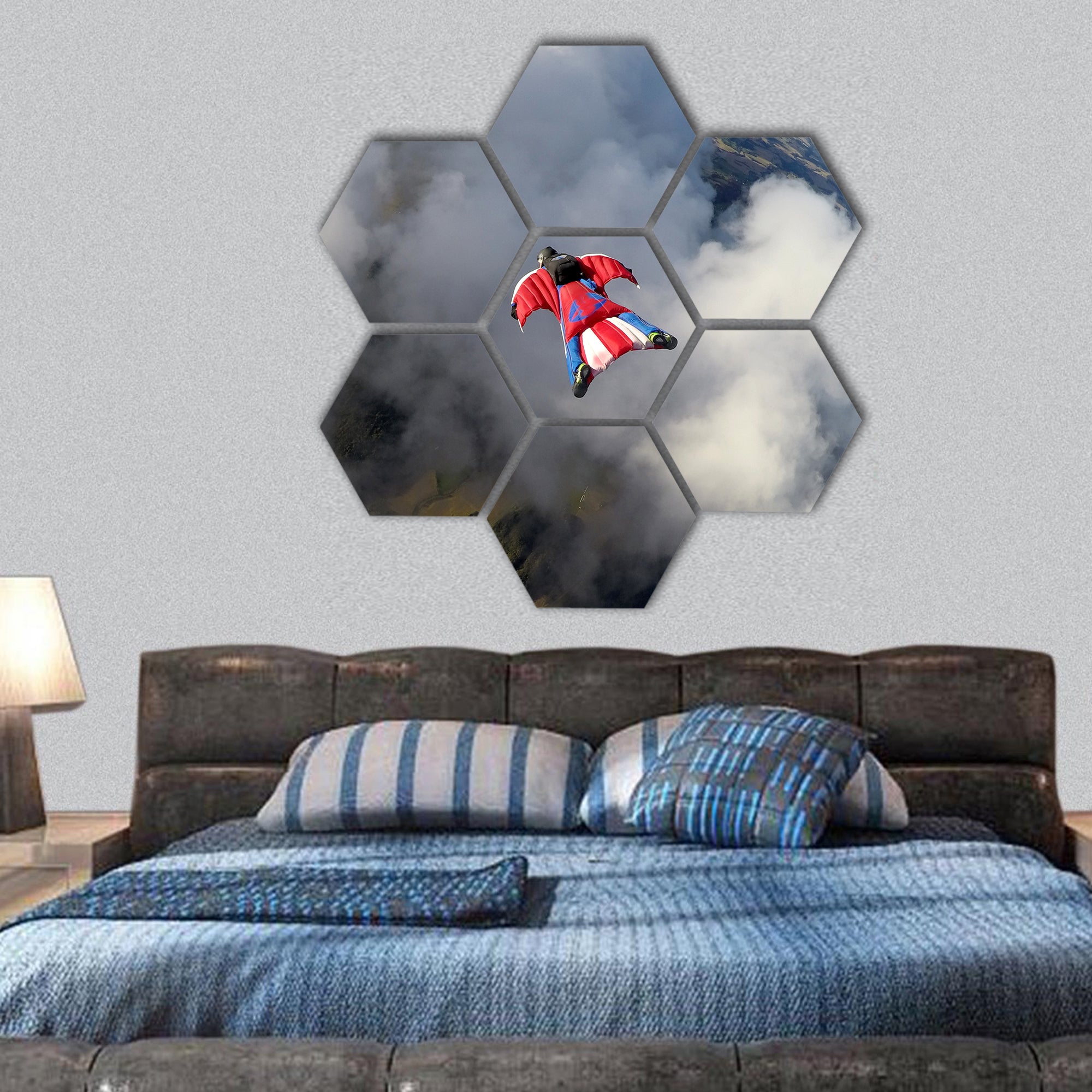 Wingsuit skydiving hexagonal canvas wall art