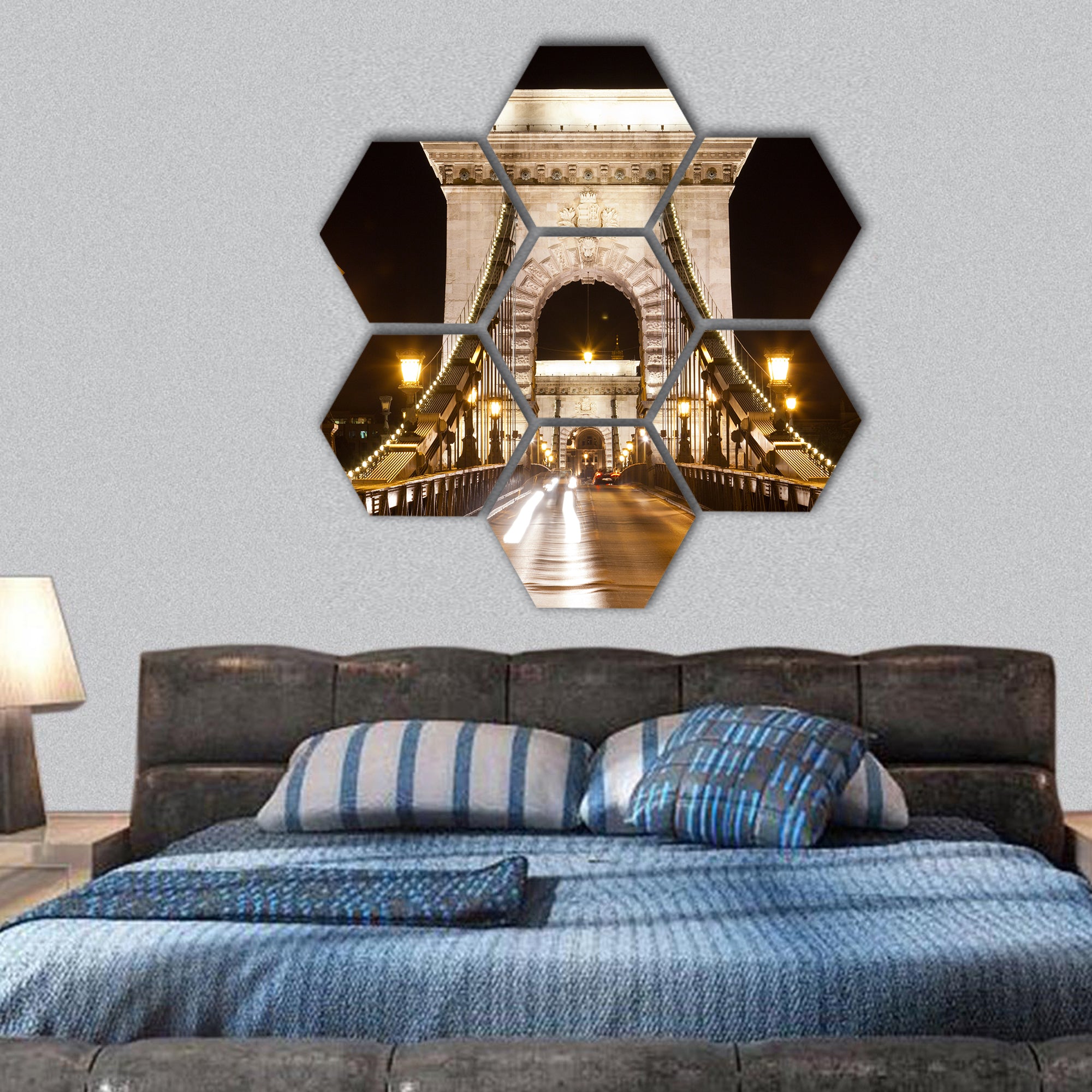 Szechenyi Chain Bridge at night with cars, Budapest hexagonal canvas wall art