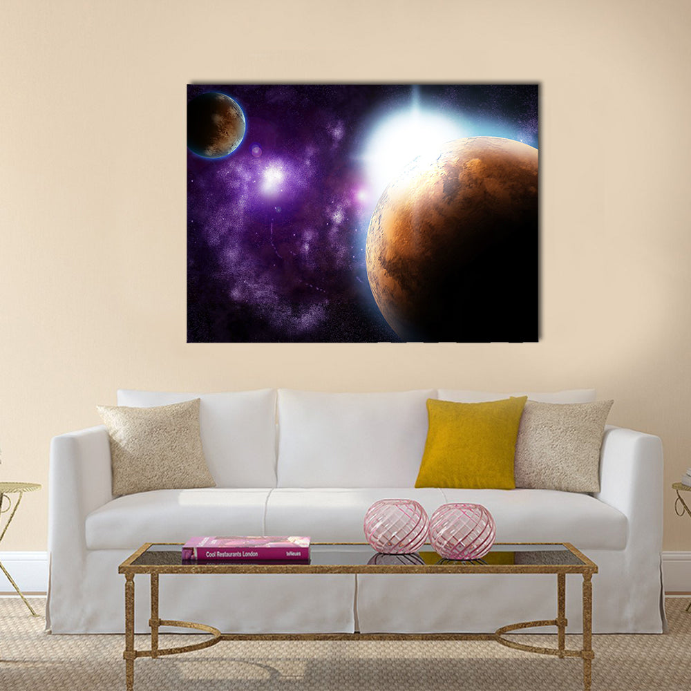 Abstract planet with sun flare in deep space - star nebula against black background Multi Panel Canvas Wall Art