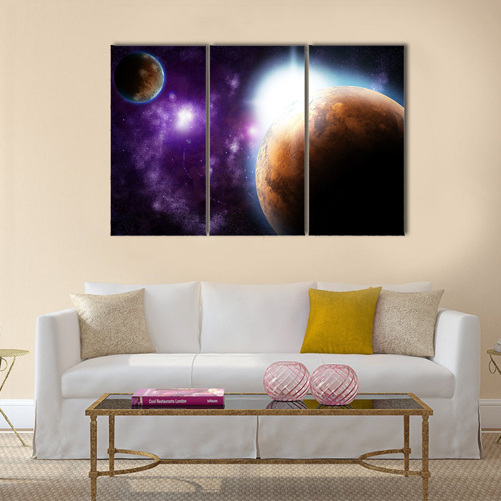 Abstract planet with sun flare in deep space - star nebula against black background Multi Panel Canvas Wall Art